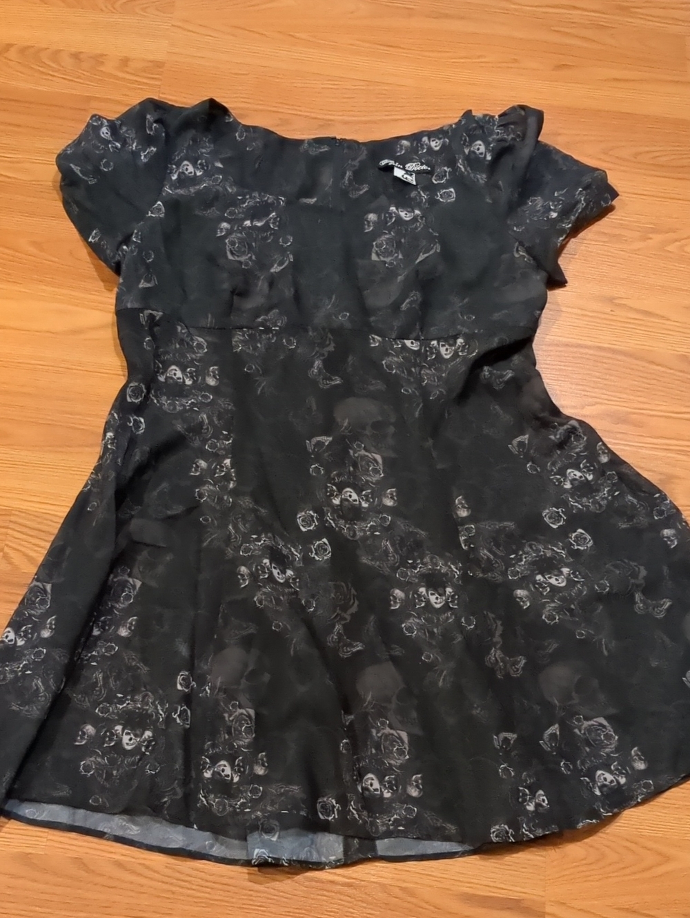Spin Doctor Skull Chiffon Goth Dress Black Cap Sleeve Fit Flare Large L